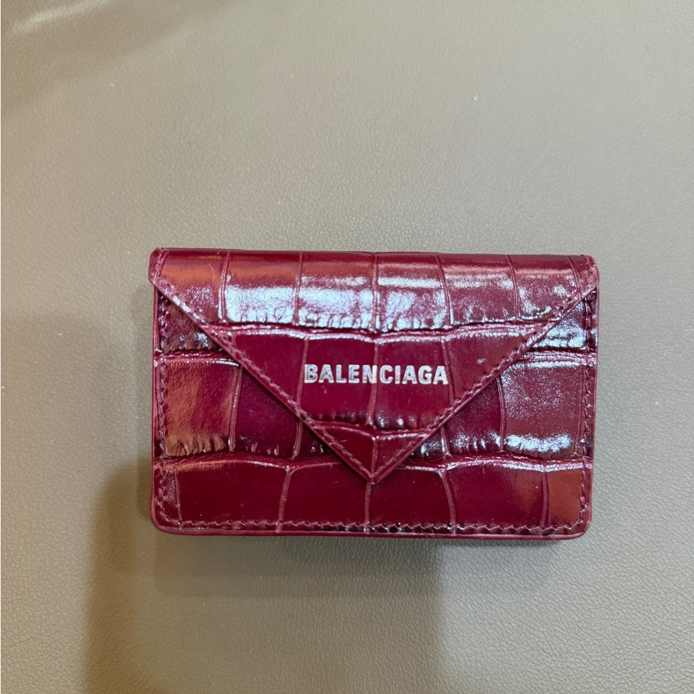 Balenciaga Deep Red Croc-Embossed papier mini trifold wallet